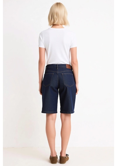 Benerly Kadın Şort Bermuda Yüksek Bel Geniş Paça Düz Desen Denim Kısa Boy Koyu Mavi