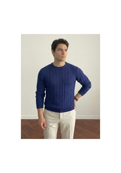 Cool Tarz Erkek Bisiklet Yaka Slim Fit Saç Örgülü Triko Kazak Lacivert Lacivert