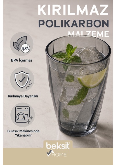 Home Glassy Kırılmaz Polikarbon 6'lı Bardak Antrasit 400 Ml Antrasit Antrasit