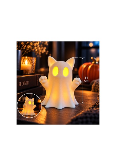 Kedi Kulaklı Hayalet Led Gece Lambası Dekoratif Işık, 11 Cm, 1 Adet Led Mum Hediyeli Renkli
