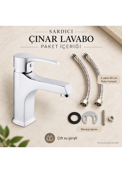 Sardıcı Çınar Krom Lavabo Bataryası Çift Su Girişli 40 Cm Hortum Ve Montaj Takımı Dahil