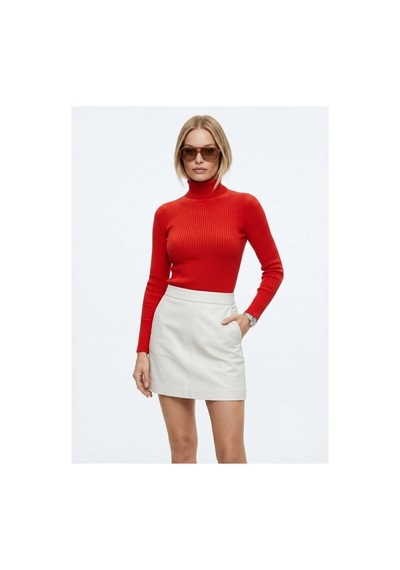 Onno Style Women Fitilli Balıkcı Yaka Basic Kazak Kırmızı