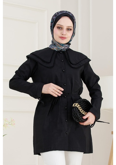 Sevitli Çift Yaka Dantelli Tunik-siyah-4981 Siyah