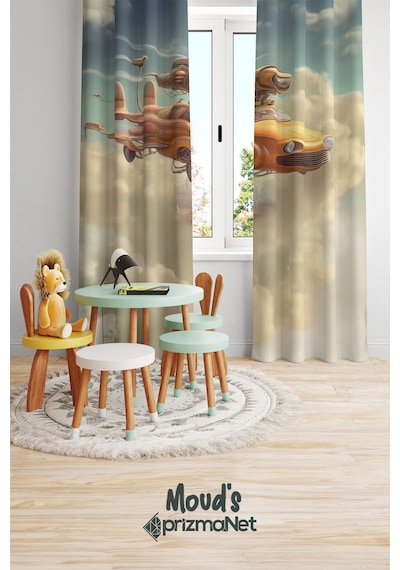 Uçan Araba Desenli Baskılı Çocuk Ve Bebek Odası Fon Perdesi 2 Kanat - Prd-01 Çok Renkli