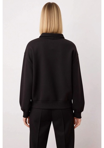 Benerly Kadın Polo Yaka Düşük Kol Fermuarlı Regular Kalıp Örme Sweatshirt siyah