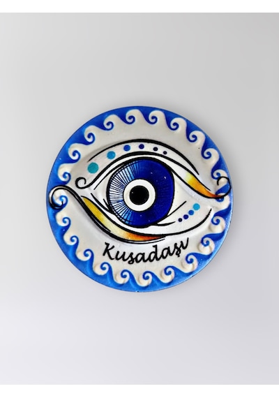 Kuşadası Temalı Polyester Kabartmalı Nazar Magnet Çap: 7 Cm Dekoratif Hediyelik Buzdolabı Süsü Kod:1217