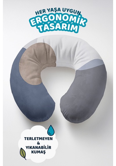 Modern Geometrik Desenli Boyun Yastığı - Minimalist Gri Mavi Bej Seyahat Yastığı Soluk Gece Amber