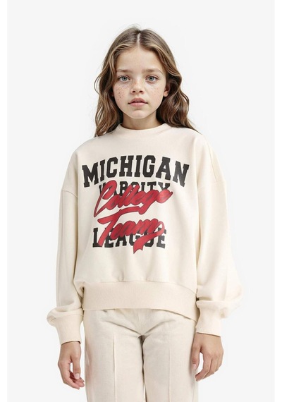 Defacto Kız Çocuk 2li Takım Baskılı Sweatshirt Eşofman Altı F2564a825auer238 Ekru