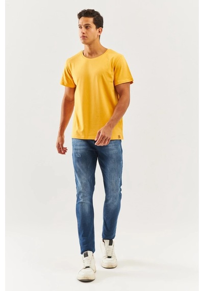 Erkek Oversize Rahat %100 Pamuklu Penye Bisiklet Yaka Kısa Kol Basic T-shirt HARDAL