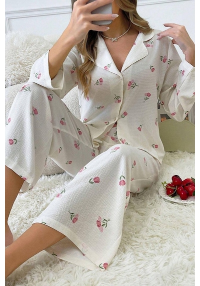 Bella Notte Kadın Ekru Çiçek Baskılı Kışlık Uzun Pijama Takımı