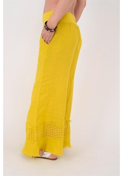 Eren Style İtalyan Fisto Paça Detaylı Keten Pantolon-9893 Sarı
