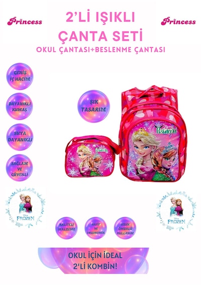 Kız Çocuk Prenses Model Işıklı İlkokul Çantası 2 Li Takım Pembe