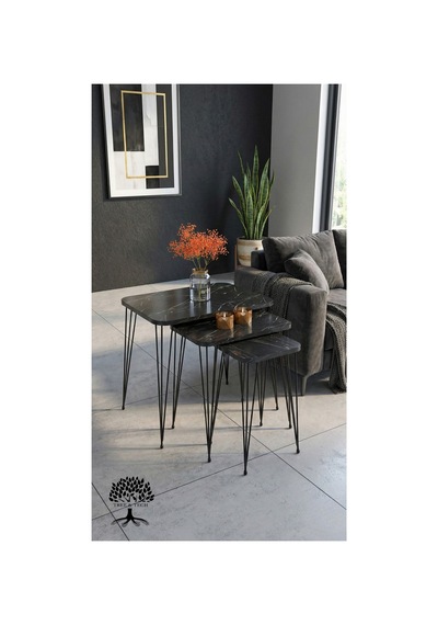 Metal Ayaklı Zigon Sehpa 3'lü Set Siyah