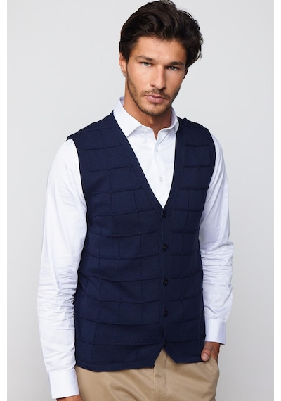 Tudors Slim Fit Kare Desenli Lacivert Erkek Yelek-29708 Lacivert