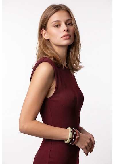 Mixray 2174 Kadın Vücuda Oturan Vatkalı Fitilli Midi Elbise Bordo