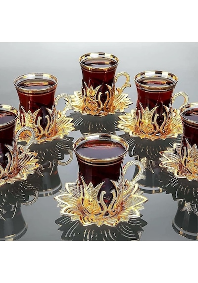 Otantik Altın İşlemeli Çay Bardak Seti 6'lı Gold