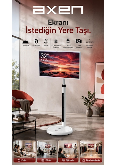 Axen 32" Ax32fmtr-a13b Full Hd Dokunmatik Android 13 Smart Taşınabilir Monitör-tv 8gb Ram-128gb Rom 32"
