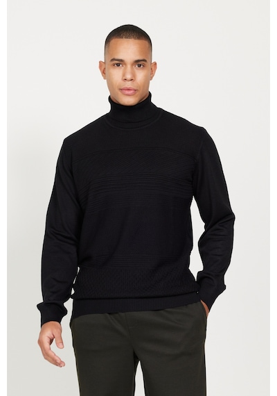 AC&Co / Altınyıldız Classics Erkek Sıyah Standart Fit Normal Kesim Tam Balıkçı Yaka Jakarlı Triko Kazak Siyah
