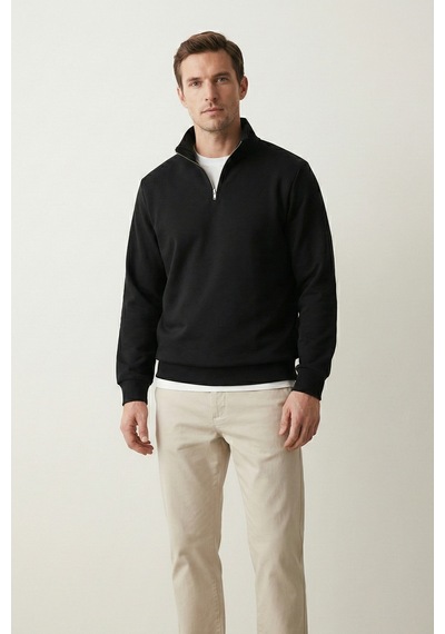 Elemge Pamuklu Erkek Sweatshirt Siyah Soft Touch Relax Fit Yarım Fermuarlı Dik Yaka 3 Iplik Nefes Alan