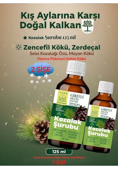 Kozak 2 X 125 Ml Cam Şişe Bergama Kozak Vakfı Kozalak Şurubu Giritli Metin Efendi 250 ML