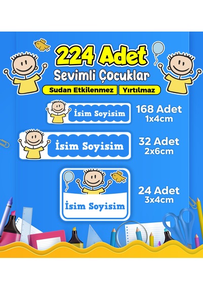 Sevimli Çocuklar Okul Kreş Kişiye Özel İsim Etiket Seti - Model 477 Çok Renkli