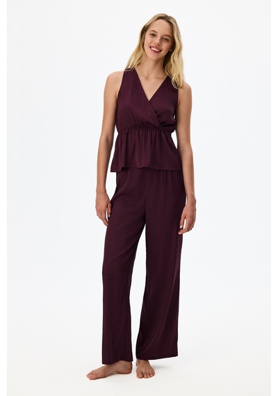 Penti Bordo Aurora Dark Saten Çiçekli Atlet Pijama Üstü