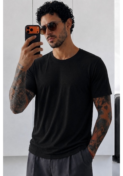 Tarz Cool Erkek Flamlı Pamuklu Bisiklet Yaka Basic Slim Fit Tişört Yazlık Günlük Şık Tişört Siyah