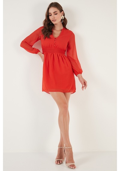 Lela V Yaka Regular Fit Gipeli Düğme Detaylı Şifon Mini Bayan Elbise 611El01433 Orange