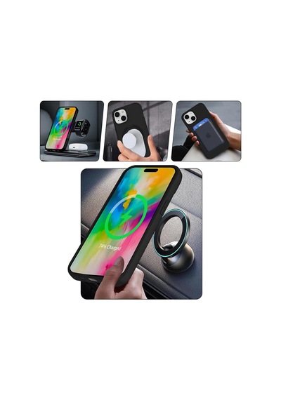 Apple İphone 15 İle Uyumlu Kılıf Standlı M-safe Şarj Özellikli Mat Parmak İzi Bırakmayan Kapak Samara Siyah