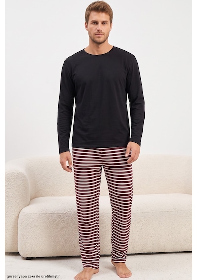 Siyah İnci Desenli Pamuklu Örme Pijama Takım 8093 Mürdüm Beyaz Çizgi