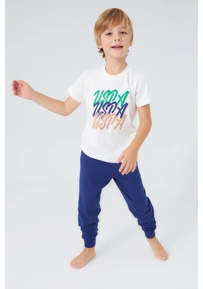 U.s. Polo Assn. 1315 Erkek Çocuk Writing Kısa Kol Pijama Takım Krem