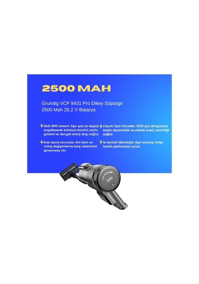 Grundig Vcp 9431 Pro Dikey Süpürge 2500 Mah 25.2 V Batarya  Uyumlu Uzun Ömürlü, Performans Pil
