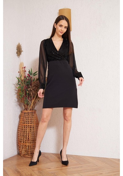 Darlin Moda Siyah Pullu Abiye Elbise Dm1015