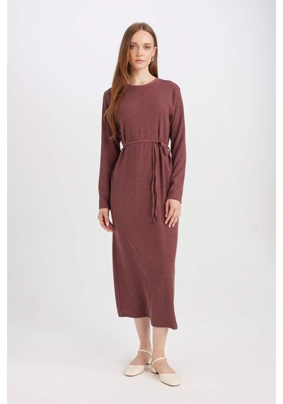 DeFacto Regular Fit Bürümcük Uzun Kollu Midi Elbise D5024AX24AUBR467 Bordo