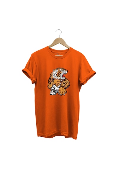 Vahşi Kaplan Tasarım Ve Kuru Kafa Baskılı %100 Pamuk Regular Fit Bisiklet Yaka Turuncu T-shirt Turuncu