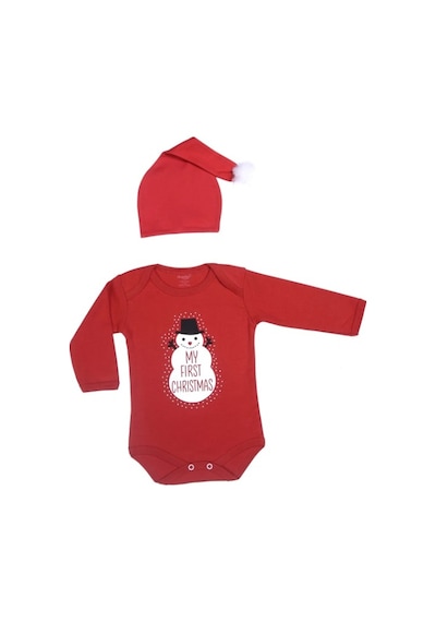 Yılbaşı Noel Christmas Temalı Organik Bebek Body Şapka Takımı 6-9 Aylık Kırmızı