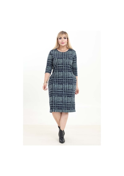 Çift Cepli Desenli Esnek Kışlık Büyük Beden Midi Elbise 37d-2744 Yeşil