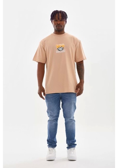 Unisex Baskılı Oversize T-shirt - Bej Bej
