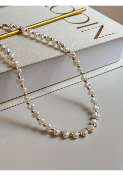 Altın Top Detaylı Beyaz İnci Kolye Choker Model Altın
