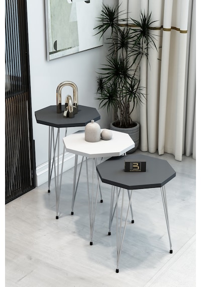 3'lü Sekizgen Zigon Sehpa Seti - Gümüş Metal Ayaklı, Modern & Şık Yan Sehpa, Dayanıklı Salon Ofis Beyaz Antrasit