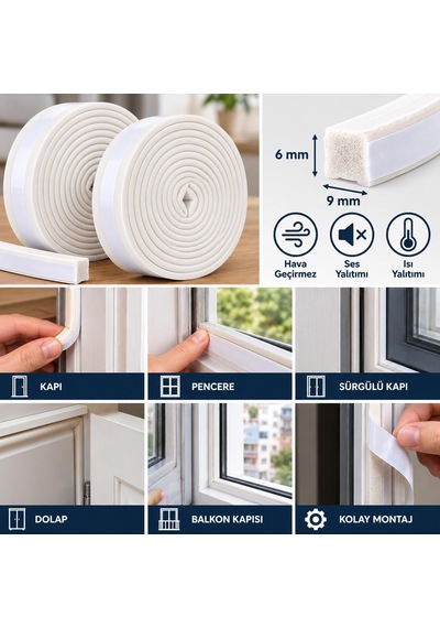 Tr 9x6 Mm Kapı Pencere Fitili 6 Metre, 2x3 Metre Kendinden Yapışkanlı D Profil Kauçuk İzolasyon Bandı, Beyaz K