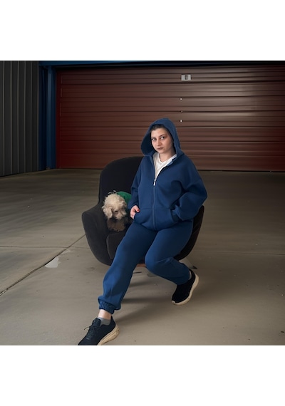 Ceyss Design Unisex Üç İplik Şardonlu Kapüşonlu Hırkalı Eşofman Takımı-indigo İndigo