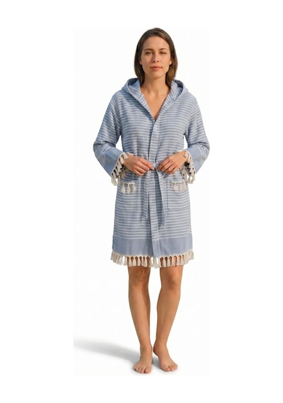 Kapşonlu Unisex Peştemal Plaj Bornozu %100 Pamuklu Seaside Stripe Mavi