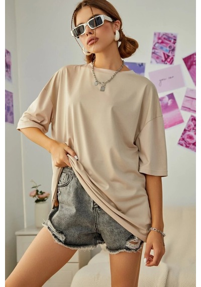 Oversize Unisex Baskısız T-shirt Bej