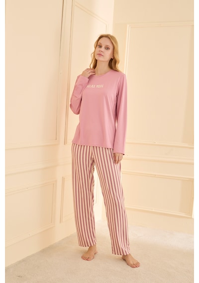 Mihra Kadın Pijama Takımı Uzun Kol Mevsimlik Pembe