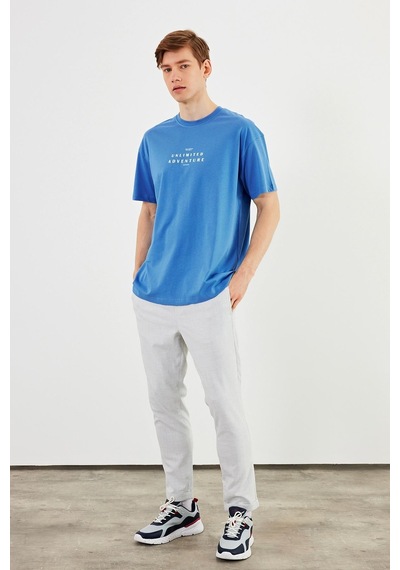 Leo Erkek Oversize Tshirt Pamuk Bisiklet Yaka Baskı Detaylı Basic Tişört Mtlce82 Mavi