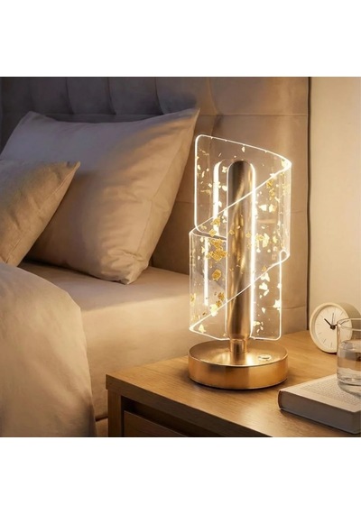 Çapraz Kavisli Kristal Altın Toz Model Led Masa Lambası Gold Gövdeli, Dokunmatik, 3 Kademe Işık Ayarlı Şarjl Belirtilmemis