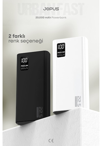 Jopus 20000mah Powerbank Pd 22.5w Hızlı Şarj - Dijital Ekranlı - Taşınabilir Şarj Cihazı Siyah