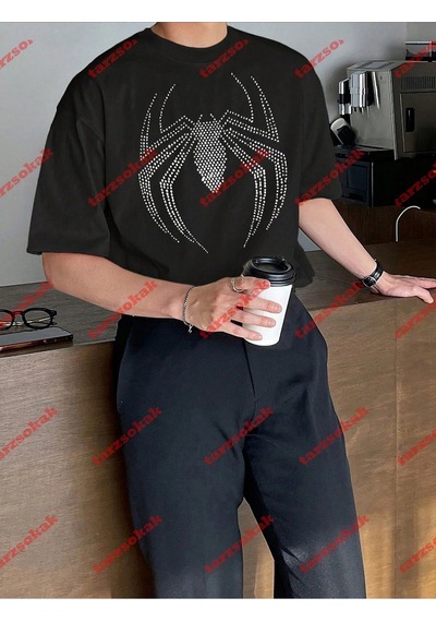 Startmore Unisex Örümcek Baskılı Tshirt Beyaz Siyah