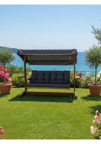 Aida Swings Viva 2200 3 Kişilik Ahşap Bahçe Salıncağı, Balkon Teras Dış Mekan Salıncağı Antrasit